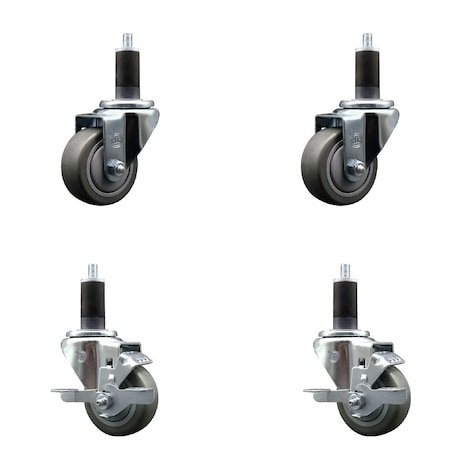 Service Caster 3'' Gray Poly Wheel Swivel 1-1/4'' Expanding Stem Caster Set 2 Brakes, 4PK SCC-EX20S314-PPUB-2-TLB-2-114